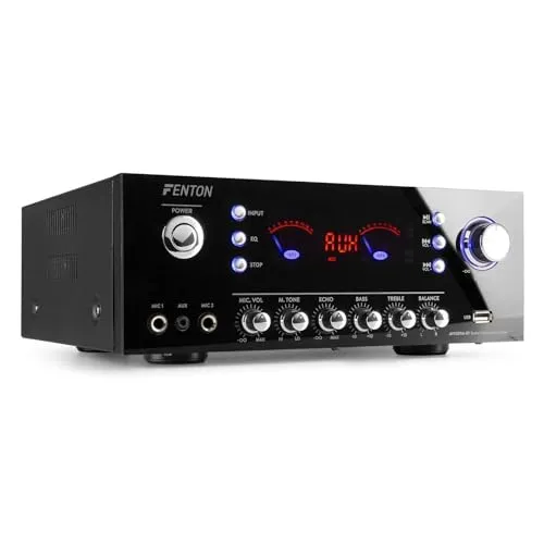 Fenton AV120FM-BT Mini Verstärker mit Bluetooth 2x60W FM-Radio, USB MP3, AUX, 2X MIC Echo, EQ - Kompakter HiFi Verstärker HiFi Stereo für Karaoke, Radio Receiver HiFi Amplifier - Schwarz