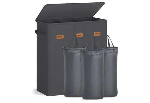 SONGMICS Wäschekorb herausnehmbarer und waschbarer Innensack, Waschküche Schlafzimmer, mit 3 Fächern, 160 L, mit Deckel, 5 Etiketten, 64 x 33 x 75 cm