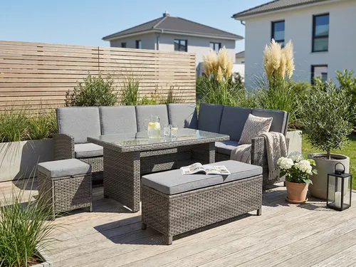 KONIFERA Gartenlounge-Set Paris, 17-tlg. mit verstellbarer Rückenlehne - Garten-Lounge-Set mit 2x 3er Bank, Hocker und Tisch, aus pflegeleichtem Polyrattan und Aluminium, ideal für gesellige Stunden im Freien.