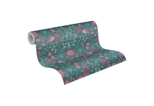 Floral Vliestapete Dunkelgrün Pink Blau - A.S. Création Maison Charme - Premium Vliestapete für Wohnzimmer, Schlafzimmer und mehr, Made in Germany. Einfach zu verarbeiten mit RAL- und FSC-Zertifikat für höchste Qualität.