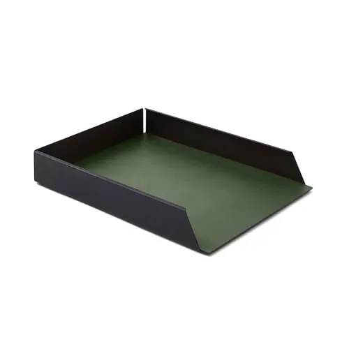 Eglooh - Moire - Ablagefächer Stapelbar für Schreibtisch und Büro mit Struktur aus schwarzem Stahl - Innerer Boden aus Leder Grün - DIN A4 cm 32,5 x 24,2 x H.5 - Made in Italy