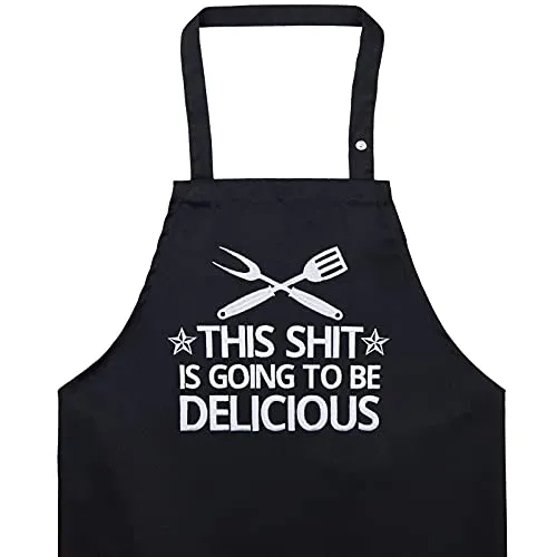 EXPRESS-STICKEREI Kochschürze Damen/Männer mit lustigem Spruch: THIS SHIT is going to be DELICIOUS Schürze bestickt mit Tasche Küchen-Schürze verstellbar Herren - Geschenk für Grill-Fans