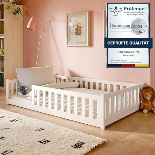 Bodenbett 120x200 cm mit Matratze und Rausfallschutz - Montessori Bett aus massivem Kiefernholz, sicher und stabil für Kinder bis 100kg. Fördert Unabhängigkeit und sorgt für ruhige Nächte.