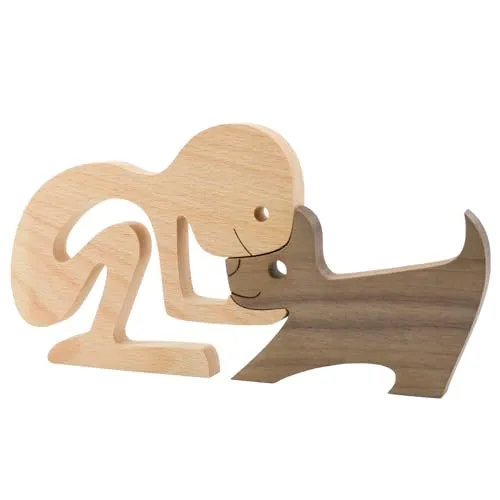 Enkrio Hundefiguren aus Holz, Hundestatue, Holzskulpturen, handgefertigte Akzente, Handwerk, Holzschnitzerei, Hund für Heimdekoratio(Mensch und Hund)