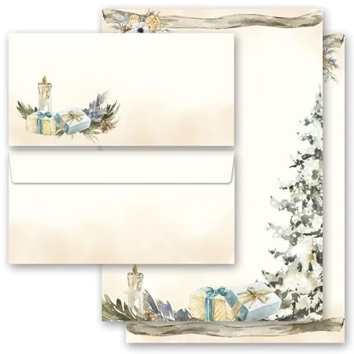 Briefpapier Set, 20 tlg. FESTLICHER TANNENBAUM, 10 Blatt Briefpapier + 10 passende Briefumschläge ohne Fenster, DIN A4 & DIN LANG im Set., Briefpapier mit Umschlag