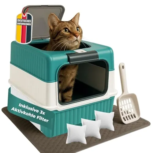 Coemo Katzentoilette mit Deckel Türkis - Katzentoilette mit geruchsbindendem Aktivkohlefilter und praktischer Schublade für einfache Reinigung. Ideal für ein sauberes Zuhause und stressfreien Alltag mit Ihrer Katze.