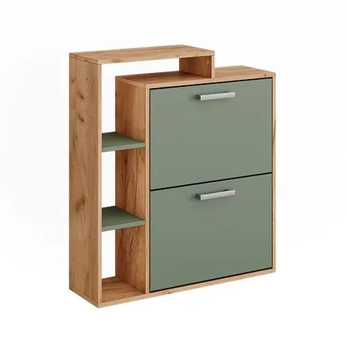 Vicco Schuhkipper Orlando – Goldkraft Eiche/Grün, 80 x 90 cm - Moderner Schuhkipper mit 2 Schubladen, ideal für platzsparende Aufbewahrung und stilvolle Organisation Ihrer Schuhe.