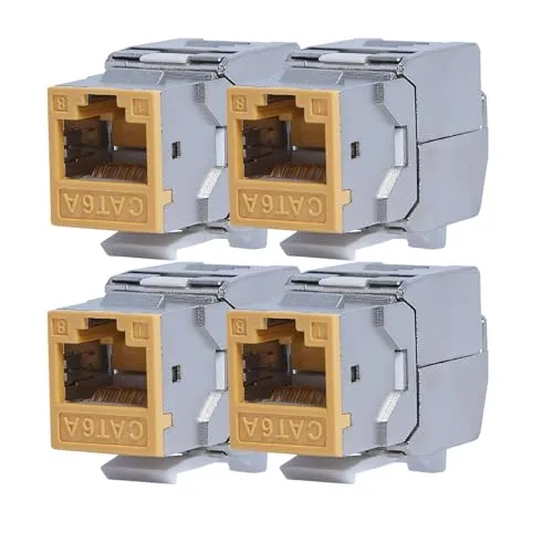 KOSCOM CONNECT 4x Keystone Modul CAT6A in gelb | STP RJ45 Einbaubuchse für Netzwerk-Leerdose & Patchpanel | vollgeschirmt I bis zu 10 Gbit/s & 500 MHz | werkzeugfreie Snap-In Montage | AWG 22-25