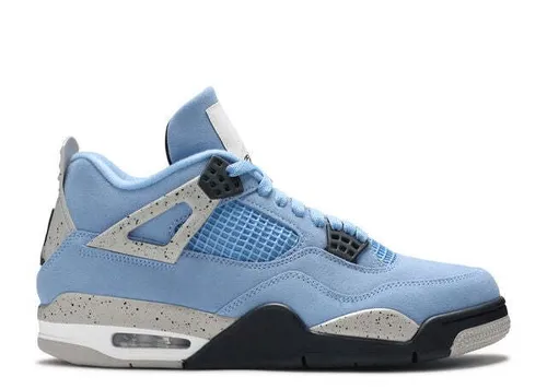Air Jordan 4 Retro University Blue - EU: 43 - Sneaker mit hochwertigem Wildleder-Obermaterial in auffälligem Hellblau, kombiniert klassisches Basketball-Design mit modernem Tragekomfort dank sichtbarer Air-Einheit und dämpfender Zwischensohle.