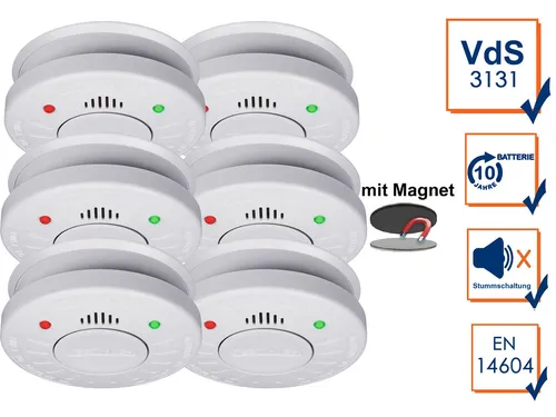 6er-Set Rauchmelder mit 10 Jahres Batterie und Magnetbefestigung - Rauchmelder Set mit 10 Jahren Batterielebensdauer, Q-Label zertifiziert und einfache Montage dank Magnetbefestigung – ideal für Sicherheit in jedem Zuhause.