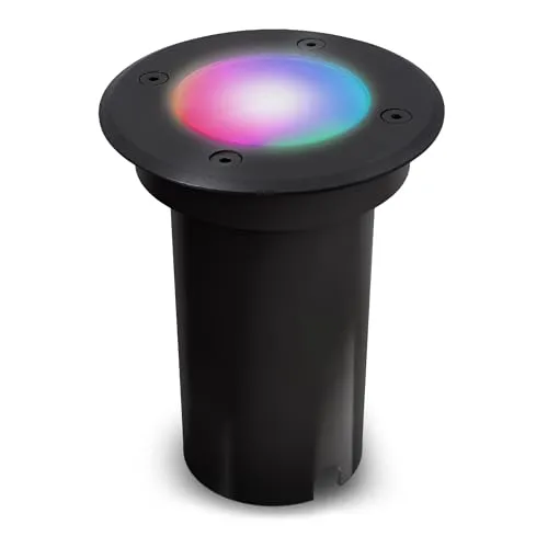 SSC-LUXon Bodeneinbaustrahler KALPA rund schwarz – Smarter LED RGB+W Außenstrahler - Vielseitige LED-Bodeneinbauleuchte mit dimmbaren RGB- und warmweißem Licht für stimmungsvolle Außenbereiche. Trittfest und wasser- sowie staubgeschützt (IP67) – ideal für Garten, Einfahrten und Terrassen.