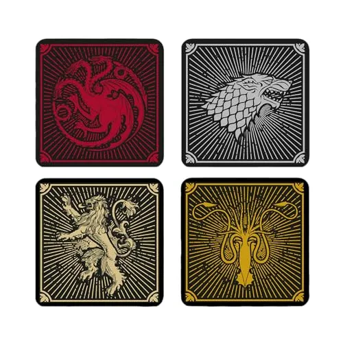 Elbenwald Untersetzer 4er Set mit Game of Thrones Häuser Design - Geschenkidee - Glasuntersetzer Viereckig - für alle Arten von Tassen - Mehrfarbig - Kork, Kunststoff
