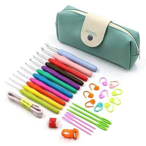 INF Häkelnadel Set 11 Stück Bunte Ergonomische Soft Gummi Comfort Grip Häkeln Stricken Nadeln Kit Haushalt Werkzeug mit tragbaren Tasche, Häkelnadeln, Maschenmarkierern und Maßband