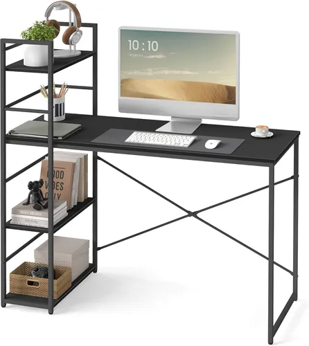 VBChome Schreibtisch mit Regal MAX 120 cm – Schwarz – Computertisch 3 Ablagen, Metallgestell, Höhenverstellbare Füße, Stabiler Bürotisch Home Office