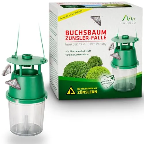 GARDIGO® Buchsbaumzünsler Falle - Effektive Befallserkennung und Bekämpfung - Fallen zur Schädlingsbekämpfung mit Pheromon-Technologie zur Verhinderung der Zünslervermehrung. Ideal für die gesamte Gartensaison mit einfachem Austausch der Duftplättchen.