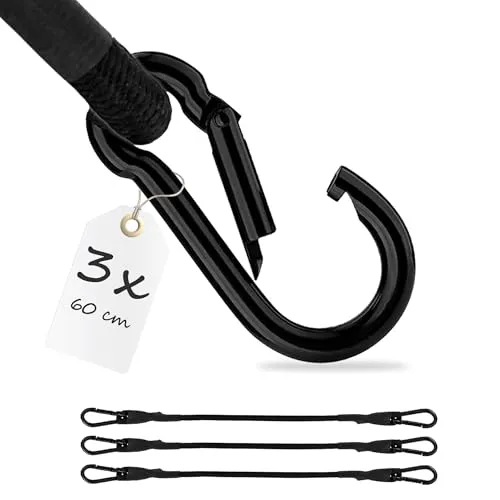 ECENCE 3er Set Spanngummi mit Karabiner aus Edelstahl - starker Expander 60cm in Schwarz, extra stabile Spanngurte mit Haken, Spannseil für Fahrrad, Gepäck