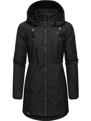 Ragwear Damen Wintermantel Dakkota Black – Wasserdichter Parka mit abnehmbarer Kapuze - Funktionsjacken, stylischer und warmer Wintermantel mit 100% veganem Teddyfell-Innenfutter und wind- sowie wasserdichtem Material – ideal für kalte Tage!