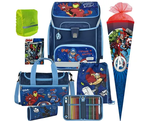 Scooli Avengers Easy Fit Schulranzen-Set 8tlg. mit Sporttasche - Schulranzen-Set für Avengers-Fans, inkl. Sporttasche und Schultüte, mit ergonomischem gepolstertem Rücken und Brustgurt für optimalen Tragekomfort.