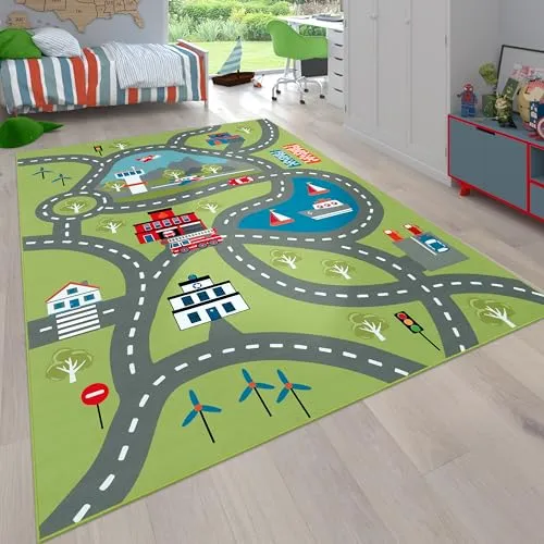 Paco Home Kinderteppich, Grün, 140x200 cm - Teppiche & Böden, strapazierfähiger Spielteppich mit aufregendem Stadt-Motiv, ideal für das Kinderzimmer und pflegeleicht bei kleinen Malheuren.