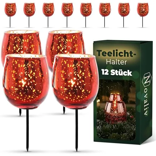 12x Teelichthalter Glas für Adventskranz 6cm Bauchig Rot - Kerzenhalter Klein, Kerzenpicks für Teelichter, Weihnachtskranz - 3X 4er Teelicht Gesteck Weihnachten Dekoration Xmas