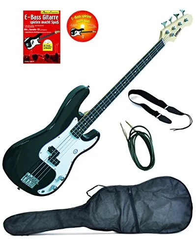 E-Bass P-Style, schwarz, inkl. Klinkenkabel, Gurt, gepolsterte Tasche mit Notenfach, Lehrbuch Karaoke CD