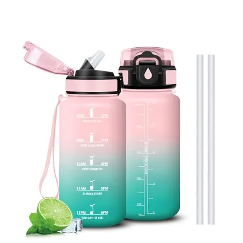 Mujigaga Trinkflasche 500ml, Wasserflasche mit Strohhalm, Sichere Verriegelung, Auslaufsichere Trinkflaschen mit Zeitmarkierung und Schnürung, Trinkflasche für Outdoor, Fahrrad, Schule