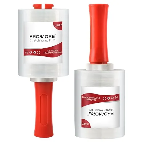 PROMORE Stretchfolie mit Rollgriff 2 Rollen 12,7cm x 305m, 20my extra dicke Mini-Hand-Stretchfolie Palettenfolie Kunststofffolie zum Umzug, Verpacken, Schrumpfen.