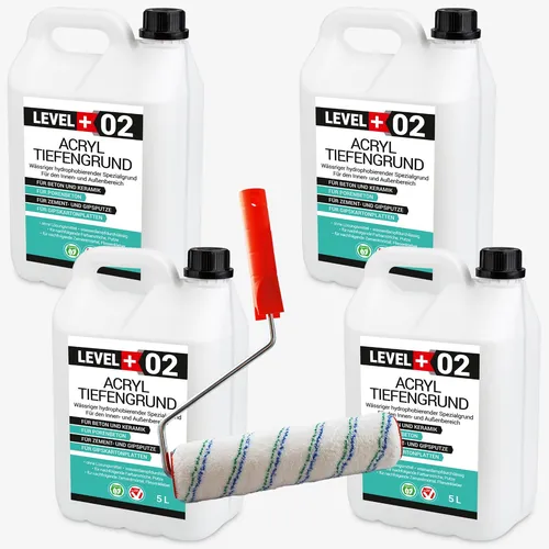 Tiefengrund 20L AcrylGrundierung mit Farbroller 25cm - Hochwertige Grundierung für Gipskartonplatten, ideal für Innen- und Außenanwendungen. Abdeckung von bis zu 100m², inklusive Farbroller für müheloses Auftragen.