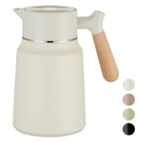 VETIN 1,5L Thermoskanne mit Holzoptik Griff - Hochwertige 1,5L Isolierkanne aus Edelstahl mit doppelwandiger Vakuumisolierung für 10h Wärme und 16h Kälte. Auslaufsicher und einfach zu reinigen, ideal für Zuhause und unterwegs.