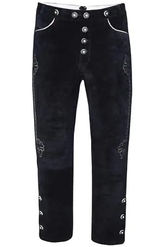 Edelnice Trachtenlederhose - Stilvolle Trachtenlederhose in Schwarz, mit edler Stickerei und individuellem Anpassungsband für perfekten Sitz. Ideal für festliche Anlässe und traditionelle Veranstaltungen.