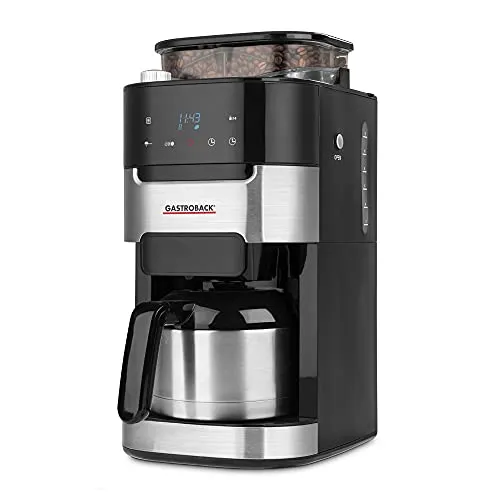 GASTROBACK Kaffeemaschine Grind Brew Pro Thermo - Silber, Schwarz, mit integriertem Mahlwerk und 8 Mahlstufen für frisch gemahlenen Kaffee