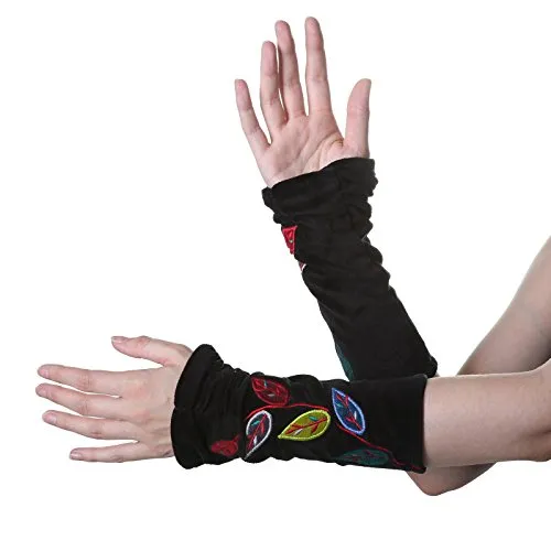 Kunst und Magie Samt Armstulpen Stulpen Handwärmer 'Blätter' Handschuhe, Black/Schwarz