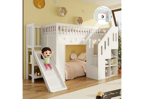 Odikalo Kinderbett Hochbett Etagenbett 90x200 mit Rutsche (90x200 cm mit Rutsche, Rausfallschutz und Stauraumtreppe, Jugendbett, mit LED-Lichtleiste, Massivholz, weiß)