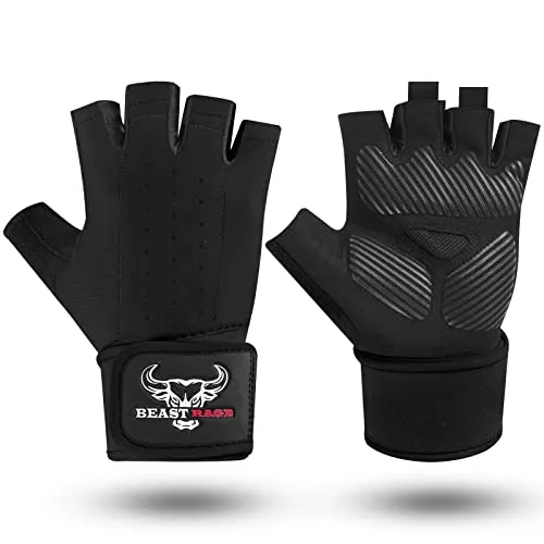 BEAST RAGE Gewichtheberhandschuhe für Herren und Damen, Handgelenkstütze, gepolstert, Handflächenschutz, atmungsaktiv, eng anliegend, für Fitness, Training, Fitnessstudio-Handschuhe (Schwarz, S)