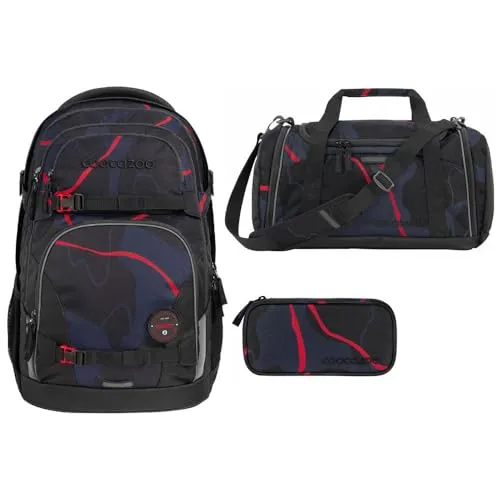 Southbag coocazoo Porter Schulrucksack-Set 3tlg (Lava Lines) - Schulranzen-Set mit Rucksack, Sporttasche und Schlamperbox. Ergonomisch und individuell gestaltbar, bietet der Rucksack mit 30-35 Litern Stauraum viel Platz und Sicherheit durch Reflektoren und LED-Befestigung.