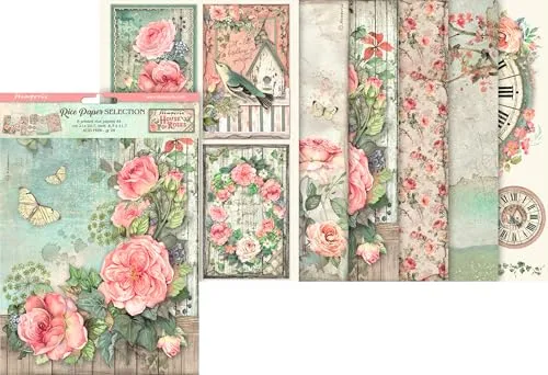 Stamperia Motiv-Strohseiden Sortiment House of Roses 6er-Set, DIN A4, für Metall, Glas, Keramik, Decoupage und Bastelarbeiten