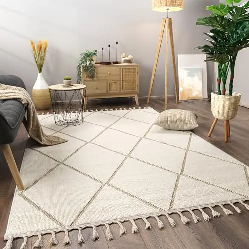 Paco Home Teppich Wohnzimmer Schlafzimmer Kurzflor Skandinavisches Boho Muster Geometrische Optik Einfarbig Fransen Moderne Deko, Grösse:240x340 cm, Farbe:Beige 2