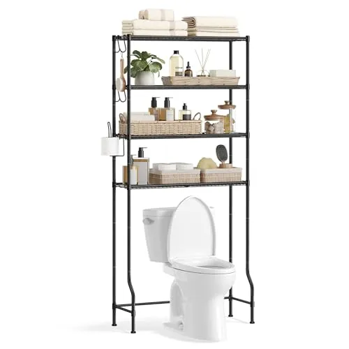 SONGMICS 4-stöckiges Toilettenregal, Badezimmerregal, Waschmaschinenregal, verstellbare Ablagen, mit Haken, Toilettenpapierhalter, platzsparend, 30 x 83 x 176 cm, schwarz BTS023B01