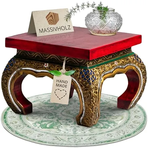 livasia Opiumtisch aus Massivholz – Handgeschnitzter Beistelltisch 30x30x24cm - Beistelltisch fürs Wohnzimmer, handgeschnitzt aus nachhaltigem Akazienholz mit filigranen Glasmosaik-Akzenten – ein einzigartiges Wohnhighlight für asiatischen Flair.