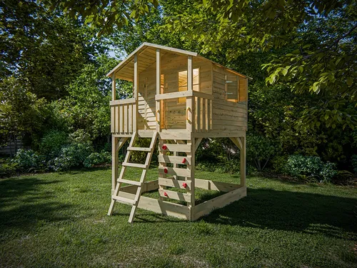 Stelzenhaus Henry - Kesseldruckimprägniert - Robustes Stelzenhaus für Kinder von 3-14 Jahren. Mit 2 Fenstern und stabiler Holzbauweise bietet es sicheren Spielspaß im Garten. Maße: 150x216x300 cm.