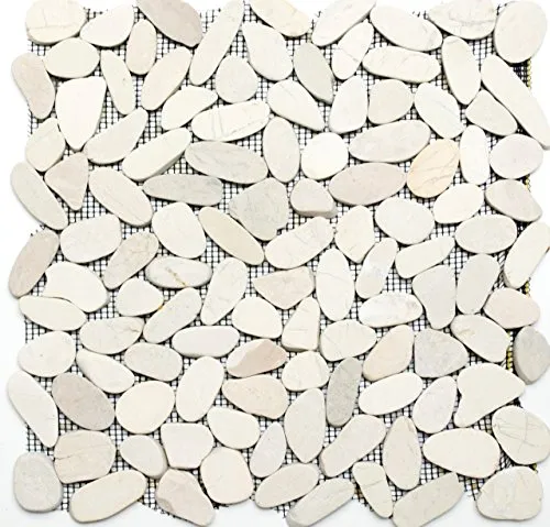Mosaik Kiesel geschnitten weiss cream Steinkiesel Steinteppich Kieselmosaik Duschwand Duschboden, Steingröße: 30-70x8mm, Mattengröße: 305x305 = 0,09 qm x 10 Matten = ca. 1,00 qm - 10 Matten