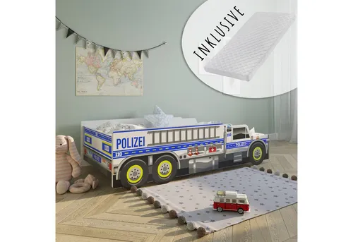 Kids Collective Autobett Kinderbett Polizei 80x160 mit Rausfallschutz - Betten für kleine Polizisten: Mit diesem Spielbett erleben Kinder aufregende Abenteuer und profitieren von sicherem Rausfallschutz und einer hochwertigen Matratze für erholsame Nächte.