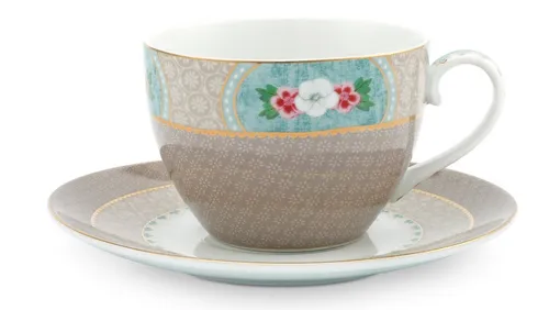 PiP Studio Tasse Blushing Birds Tasse mit Untertasse kahki 0,28 l, Porzellan, Cup & Saucer Blushing Birds Khaki 280ml