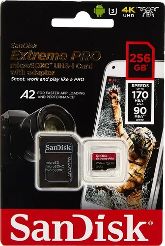 SanDisk 256GB Micro SDXC Extreme Pro 170MB/s U3 A2 V30 - Speicherkarten, 256GB Kapazität mit extrem hoher Geschwindigkeit von 170MB/s, ideal für 4K-Videos und schnelle Fotos.