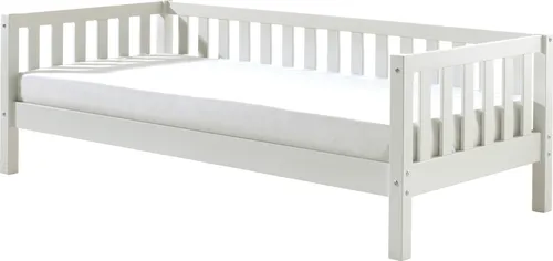 Funktionsbett >FRITZ< aus massiver Kiefer, weiß lackiert - Stylisches Kojenbett mit stabiler Sprossenumrandung, ideal für Kinder- oder Gästezimmer. Inklusive Rolllattenrost, einfache Montage und hochwertige Verarbeitung sorgen für besten Komfort.