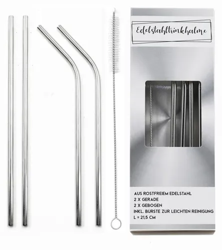 Edelstahl-Trinkhalme mit Reinigungsbürste 5-tlg Mehrweg Trinkröhrchen Strohhalm, Farbe:silber