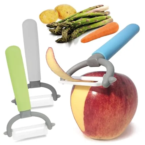 com-four® 3x Sparschäler mit Keramikklinge für Obst und Gemüse - besonders scharfer Universalschäler - rostfreier Peeler - Schäler mit Pendelklinge aus Keramik (3 Stück - grün. blau. grau)