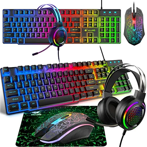 Gaming Tastatur Headset & Maus Set, 104 Tasten Rainbow Backlit UK Layout Tastatur 2400DPI Maus 7.1 Surround Sound RGB Leichte Waben Headset Mauspad Kombination für PS4 Xbox(Need Adapter) Schwarz