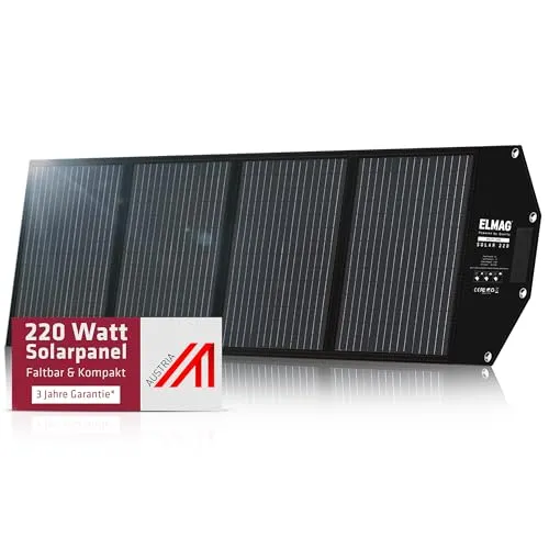 ELMAG Faltbares Solarpanel SOLAR 220 – Monokristallines 220W Solarmodul für tragbare Powerstations – 18V DC Solarpanel mit integrierten Stützfüßen – Ideal für Outdoor, Camping & Wohnmobil