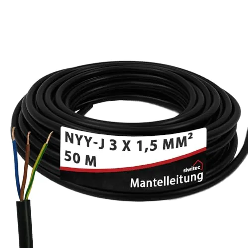 siwitec NYY-Kabel 3x1,5 mm² - 50 m Erd-Installationskabel - Hochwertiges siwitec NYY-Kabel 3 x 1,5 mm² | Ideal für die Verlegung im Erdreich oder Beton | Robuste PVC-Außenhülle für langlebige Nutzung | Made in Germany